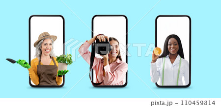 Creative Collage With People Of Different Professions Looking Out Of Smartphones Creative Collage With People Of Different Professions Looking Out Of Smartphones 110459814