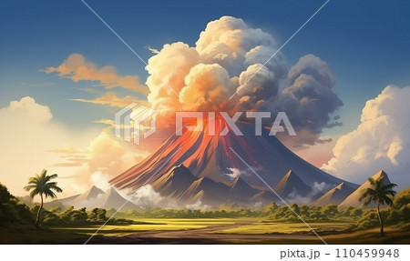 AI-generated content. Powerful daytime volcano eruption. Big explosion Illustration 110459948