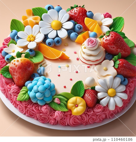 Fruits and vanilla custard cake on round table Fruits and vanilla custard cake on round table 110460186