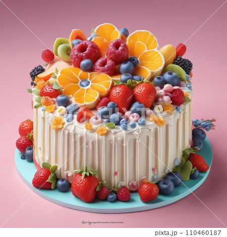 Fruits and vanilla custard cake on round table 110460187