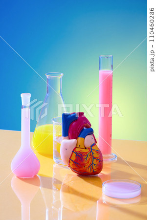 A model of a human heart with test vessels filled with colored liquids displayed on a gradient background. Concept of research and development of health care products. 110460286