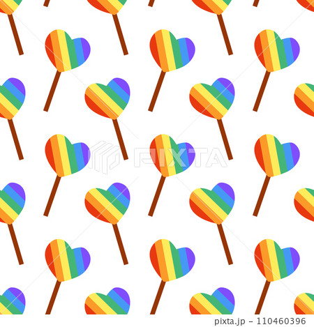Seamless Pattern with Cute LGBT Lollipop rainbow on stick. Candy in form heart. LGBTQ. Symbol of the LGBT pride community. Flat vector illustration. 110460396