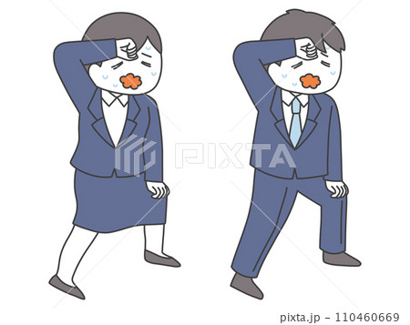 スーツ姿で汗を拭う男女の全身イラスト スーツ姿で汗を拭う男女の全身イラスト 110460669