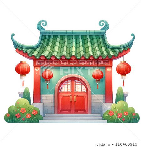 Watercolor chinese door with red lanterns and flowers .AI Generate Watercolor chinese door with red lanterns and flowers .AI Generate 110460915