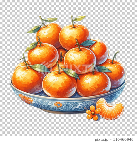 Tangerines with leaves in a ceramic bowl clipart watercolor .AI Generate Tangerines with leaves in a ceramic bowl clipart watercolor .AI Generate 110460946
