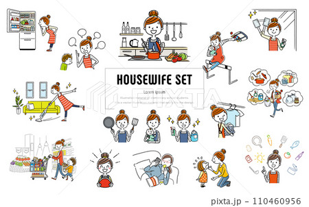 ベクターイラスト素材：主婦の家事に関するイラスト人物セット 110460956