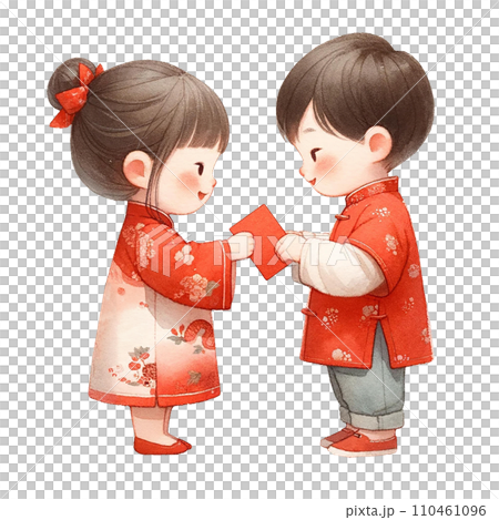 Cute asian boy and girl holding red envelopes for Chinese New Yearclipart watercolor .AI Generate 110461096