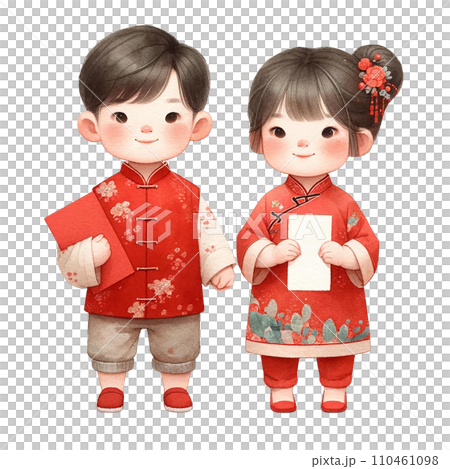 Cute asian boy and girl holding red envelopes for Chinese New Yearclipart watercolor .AI Generate 110461098