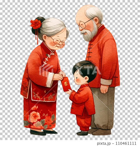 Chinese grandparent sending red packets to little boy clipart watercolor .AI Generate Chinese grandparent sending red packets to little boy clipart watercolor .AI Generate 110461111