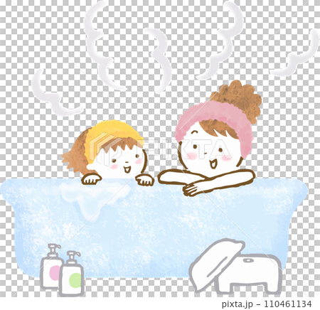 お風呂に入っている母親と娘の手描きイラスト 110461134