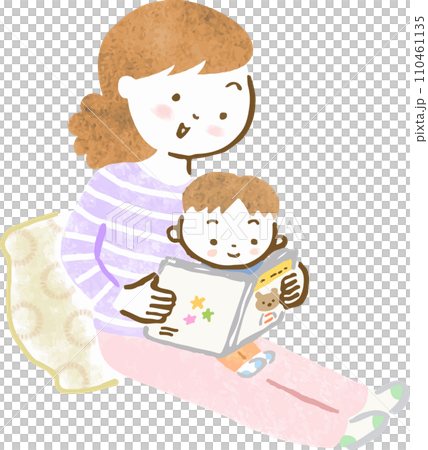 手描きイラスト 太陽と親子 息子を膝に乗せて絵本の読み聞かせをしているお母さんの手描きイラスト
