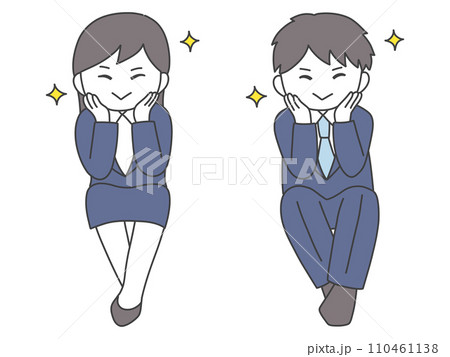 足を組みながら笑顔でこちらをみてくるスーツの男女 足を組みながら笑顔でこちらをみてくるスーツの男女 110461138