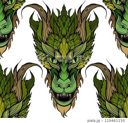 Vector seamless pattern with cartoon roaring dragon on white background. Fantasy texture with illustration of wyverns i 110461150