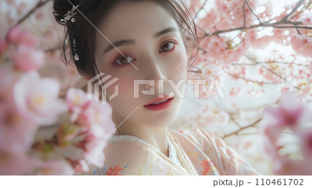 桜並木で撮影した、着物姿の日本人女性（Generative AI） 110461702