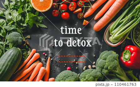 AI-generated content. vegetables and fruits with text in the center of the image time to detox, flatlay, healthy eating concept, detox diet AI-generated content. vegetables and fruits with text in the center of the image time to detox, flatlay, healthy eating concept, detox diet 110461763