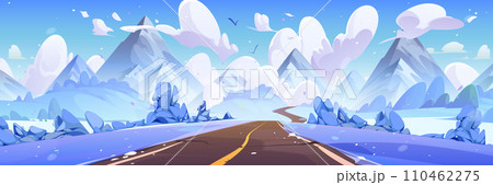 Empty road leading to rocky mountains in winter. Empty road leading to rocky mountains in winter. 110462275