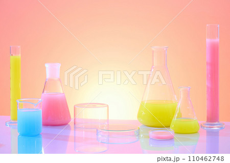 Laboratory equipments containing color liquid decorated on color gradient background. Petri dish upside down create space for display product. Research and development cosmetics concept. Laboratory equipments containing color liquid decorated on color gradient background. Petri dish upside down create space for display product. Research and development cosmetics concept. 110462748