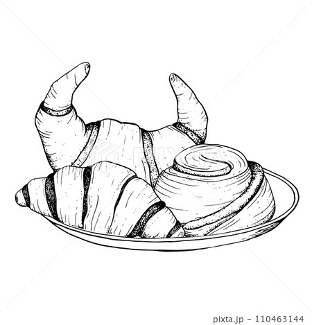Pastry plate with chocolate French croissants and rolled cinnamon bun vector black and white illustration for snack and breakfast in cafe and bakery Pastry plate with chocolate French croissants and rolled cinnamon bun vector black and white illustration for snack and breakfast in cafe and bakery 110463144