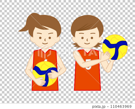 バレーボールのユニフォームを着てボールを持つ女の子達(ユニフォーム赤) 110463969