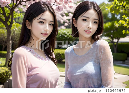 ショートヘアーとロングヘアーの女性2人組と桜（生成AI） 110463973