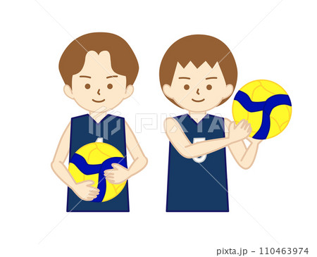 バレーボールのユニフォームを着てボールを持つ女の子達(ユニフォーム紺) 110463974