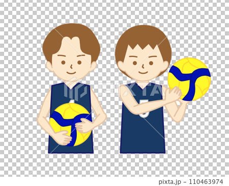 バレーボールのユニフォームを着てボールを持つ女の子達(ユニフォーム紺) 110463974