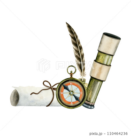 Vintage pocket compass with spyglass, rolled paper scroll and writing feather watercolor illustration isolated on white background. Nautical hand drawn navigation banner template 110464236