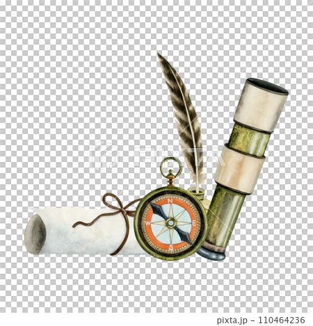 Vintage pocket compass with spyglass, rolled paper scroll and writing feather watercolor illustration isolated on white background. Nautical hand drawn navigation banner template 110464236