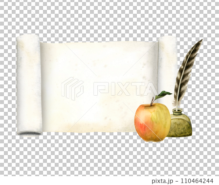 Symbols of education, paper scroll, Newton apple and inkwell with feather pen watercolor illustration isolated on white. Writer poetry template with copy space Symbols of education, paper scroll, Newton apple and inkwell with feather pen watercolor illustration isolated on white. Writer poetry template with copy space 110464244