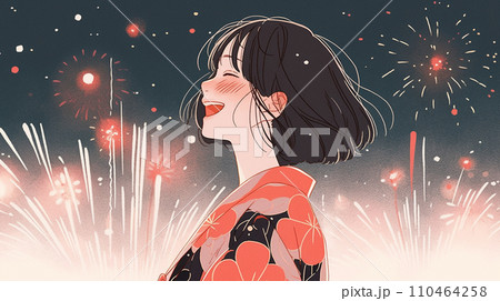 打ち上げ花火と浴衣を着た笑顔の女性　AI生成画像 110464258