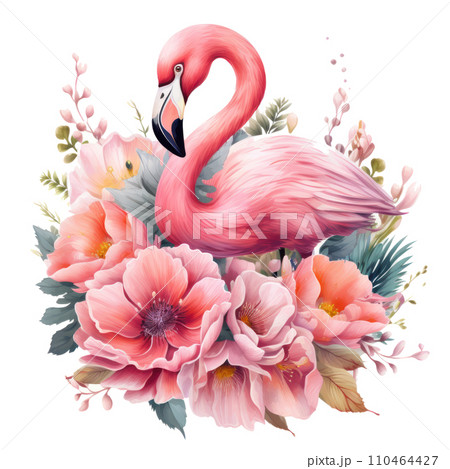 cute pink flamingo with flowers. cute floralのイラスト素材