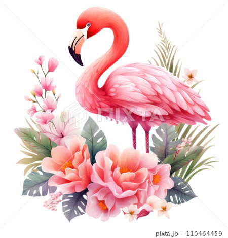 cute pink flamingo with flowers. cute floralのイラスト素材