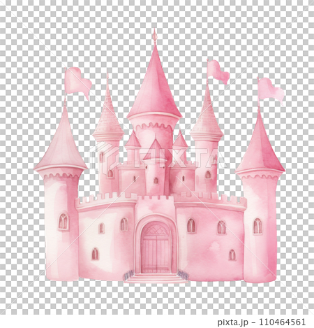 Cute pink watercolor princess castle in a soft, isolated Cute pink watercolor princess castle in a soft, isolated 110464561