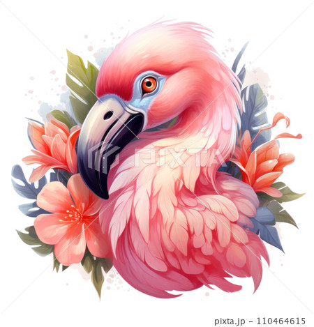 cute pink flamingo with flowers. cute floral flamingo clipart, 110464615
