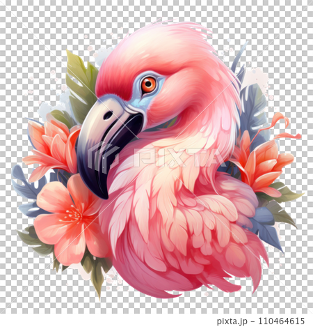 cute pink flamingo with flowers. cute floral flamingo clipart, 110464615