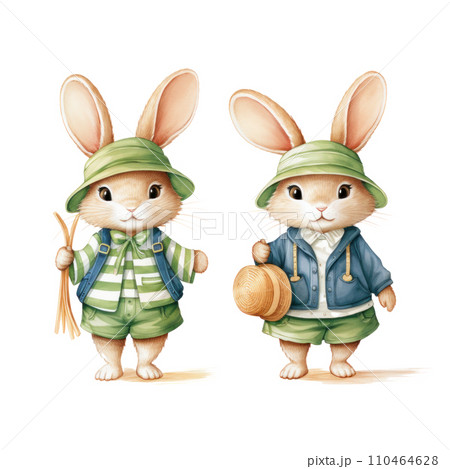 Two illustrated bunny dressed in summer clothing in a soft, 110464628