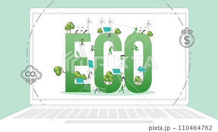 ESG sustainability business policy. Carbon credit calculate from reduce carbon footprint and carbon dioxide to carbon offset. Laptop computer notebook with ECO on desktop. ESG sustainability business policy. Carbon credit calculate from reduce carbon footprint and carbon dioxide to carbon offset. Laptop computer notebook with ECO on desktop. 110464762