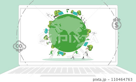 ESG sustainability business policy. Carbon credit calculate from reduce carbon footprint and carbon dioxide to carbon offset. Laptop computer notebook with Earth on desktop. ESG sustainability business policy. Carbon credit calculate from reduce carbon footprint and carbon dioxide to carbon offset. Laptop computer notebook with Earth on desktop. 110464763