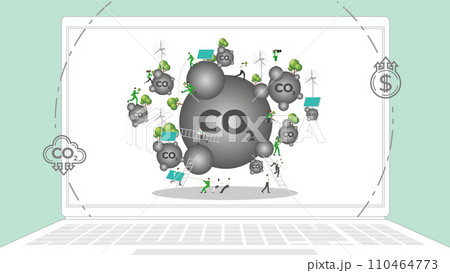 ESG sustainability business policy. Carbon credit calculate from reduce carbon footprint and carbon dioxide to carbon offset. Laptop computer notebook with CO2 on desktop. 110464773