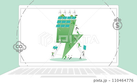 ESG sustainability business policy. Carbon credit calculate from reduce carbon footprint and carbon dioxide to carbon offset. Laptop computer notebook with green energy on desktop. 110464776
