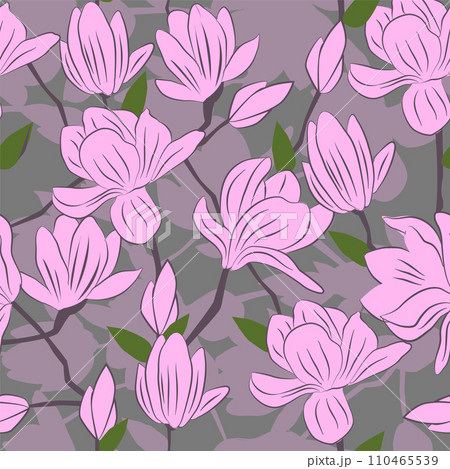 Pink blossom magnolia seamless pattern 110465539