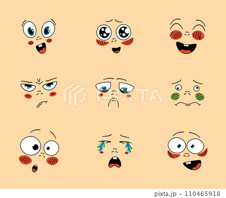 Cartoon faces anime emotion effect. Happy and sad mood facial expressions. Different moods vector set 110465918