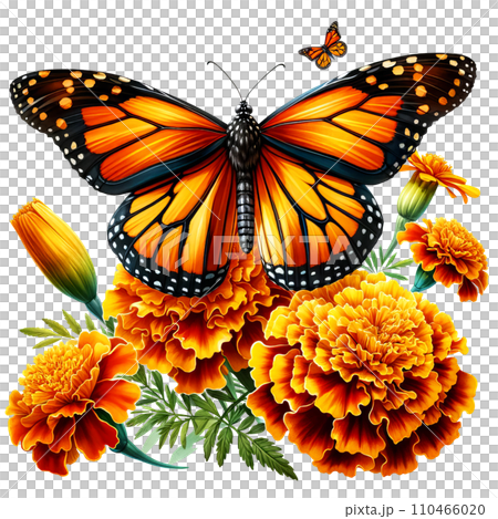 Monarch Butterfly with Marigolds Clipart Transparent Background, Butterfly with Flowers Clipart. 110466020