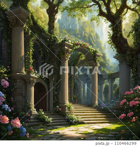 花と木とロココ調の建物 110466299