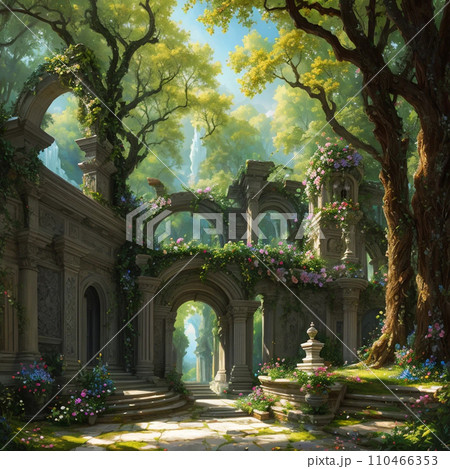 花と木とロココ調の建物 110466353