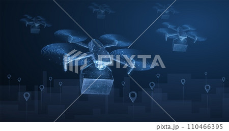 Drone. Low pole 3D drone on cityscape with pins Drone. Low pole 3D drone on cityscape with pins 110466395