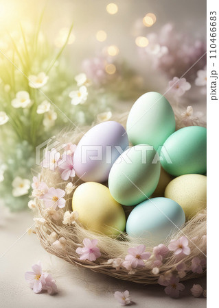 Celebrating Easter, holiday greeting card mockup with light bokeh, flowers and colored eggs. 110466683