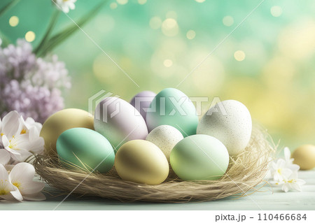 Celebrating Easter, holiday greeting card mockup with light bokeh, flowers and colored eggs. 110466684