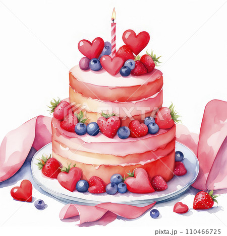 Watercolor valentine cake decorated with hearts on white background. Watercolor valentine cake decorated with hearts on white background. 110466725