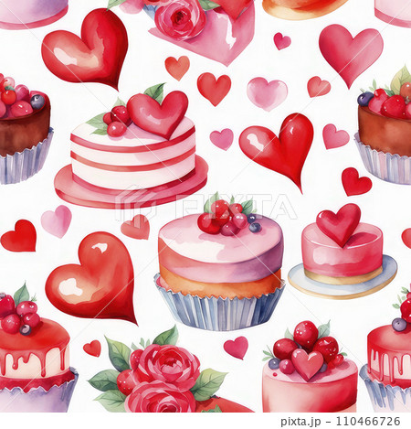 Watercolor valentine cake decorated with hearts on white background. Watercolor valentine cake decorated with hearts on white background. 110466726